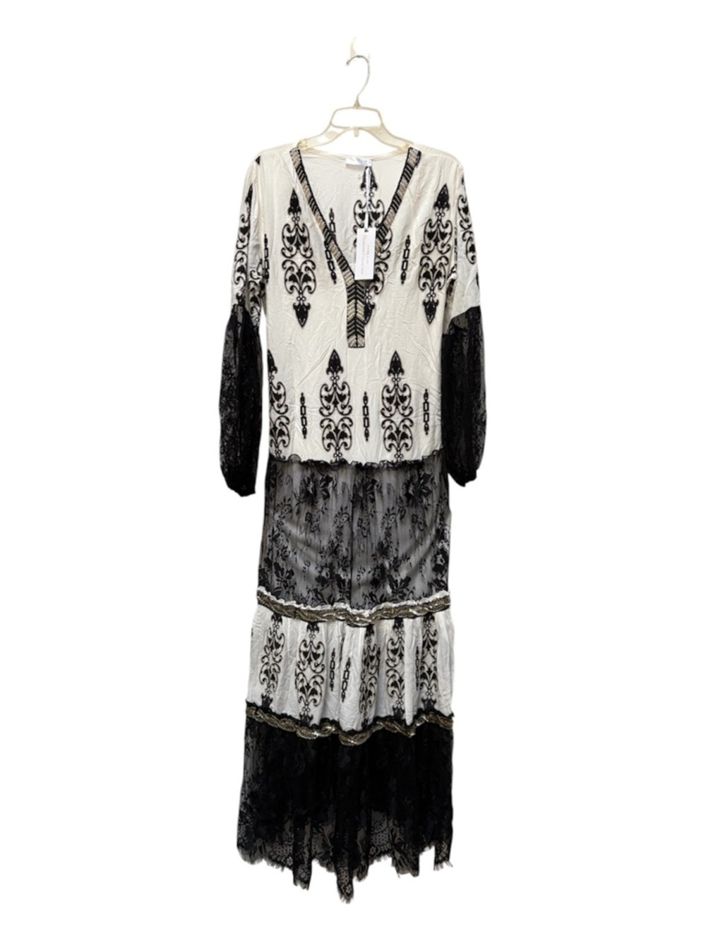 Laurie & Joe Black & Ivory Beaded Lace Maxi Tiered Dress NWT - Picture 3 of 14